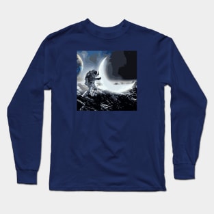 Astronaut holds a Moon Crest Long Sleeve T-Shirt